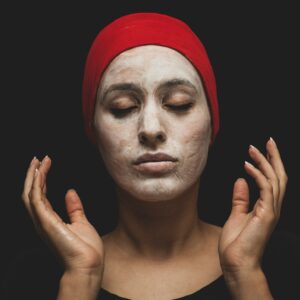 woman with red hijab on her head